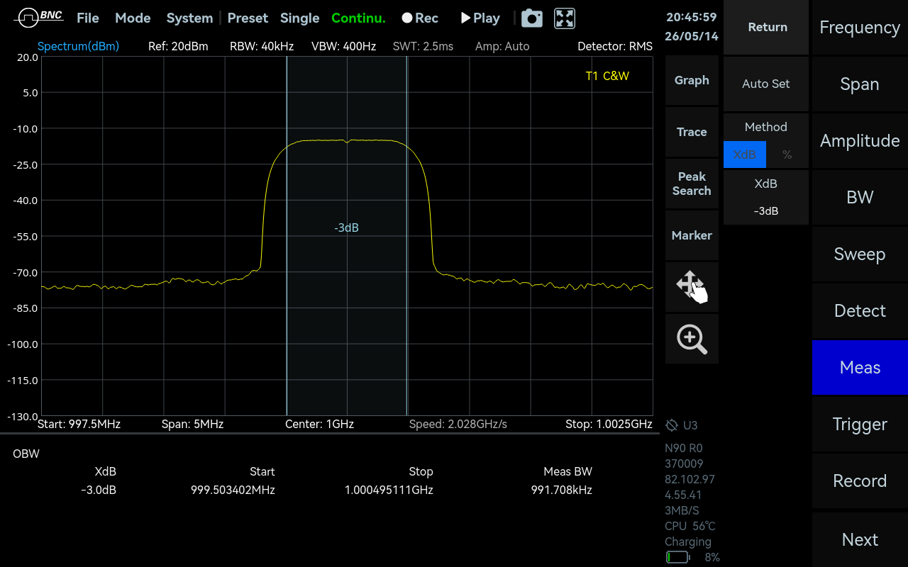 SpecICX-gen3 screenshot: OBW (Occupied Bandwidth).